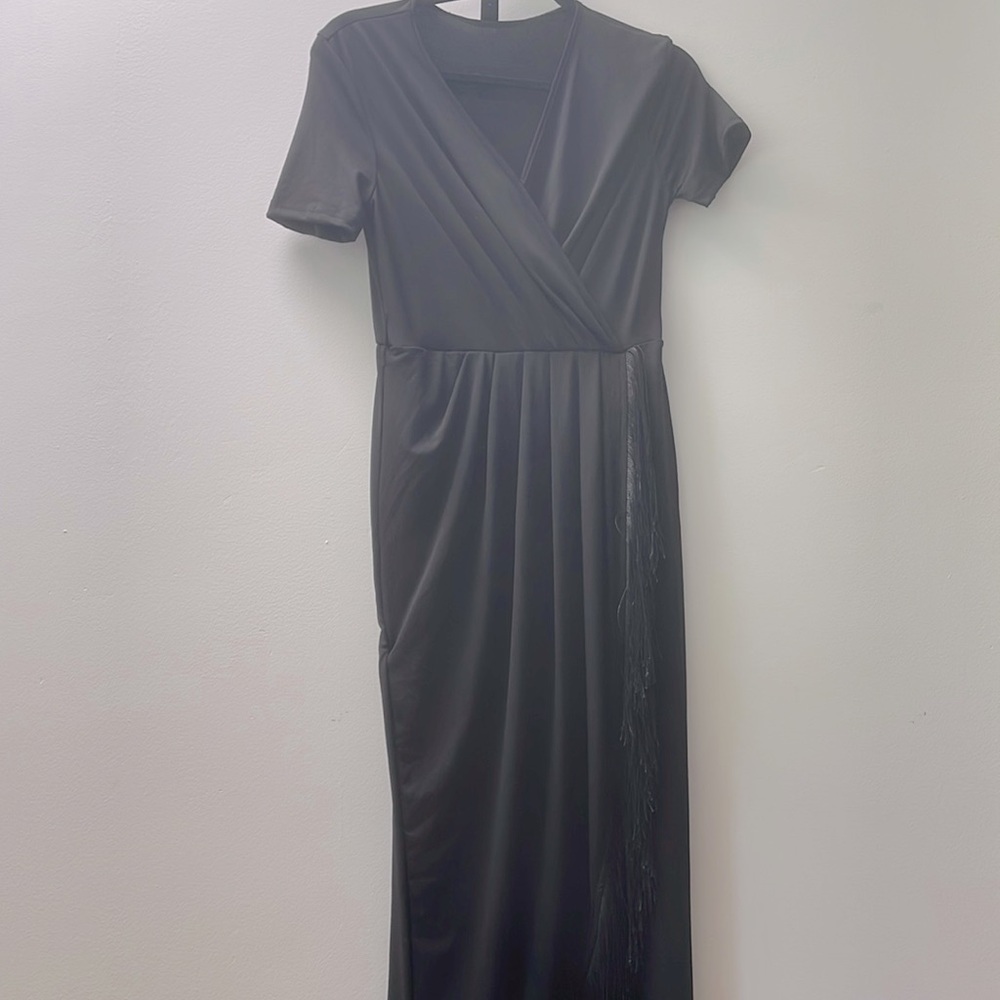 Chic Black Fringe Wrap Dress – Elegant & Effortless NTW